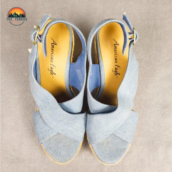 NWT American Eagle Wedges Espadrille Heels Denim Canvas Ankle Strap Women's 8 - Picture 6 of 11
